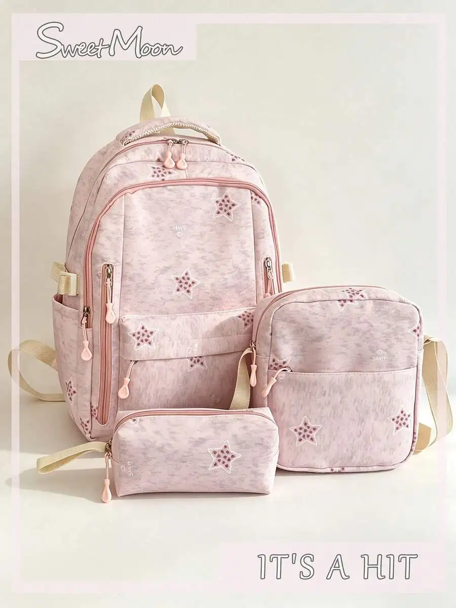 3pcs Pink Nylon Casual Minimalist Star All-Over Print Comfortable Shoulder Strap Zipper Closure Multi-Pocket Large Capacity Fold