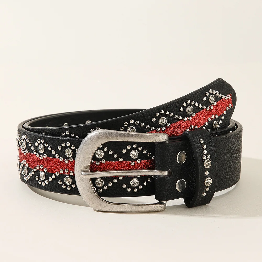 New Fashion Rivet Patch Leather Belt for Women, European and American Retro Belt with Pin Buckle, Inlaid with Rhinestones, Trend