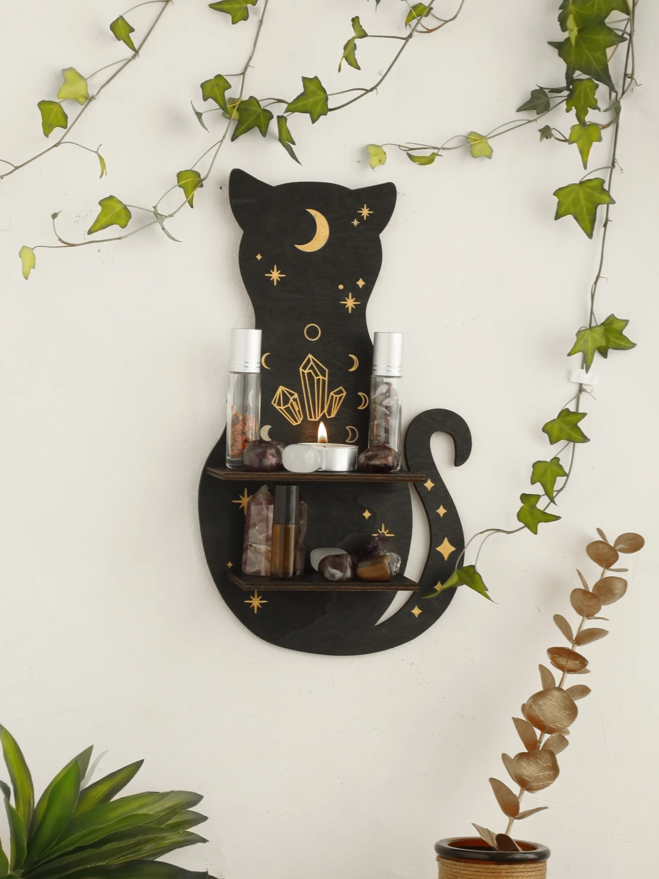Wooden Shelf 1/2-Tier Moon Phase Black Cat Wall Shelves Crystal Display Stand Essential Oil Rack Ledge Gothic Home Decor Gifts