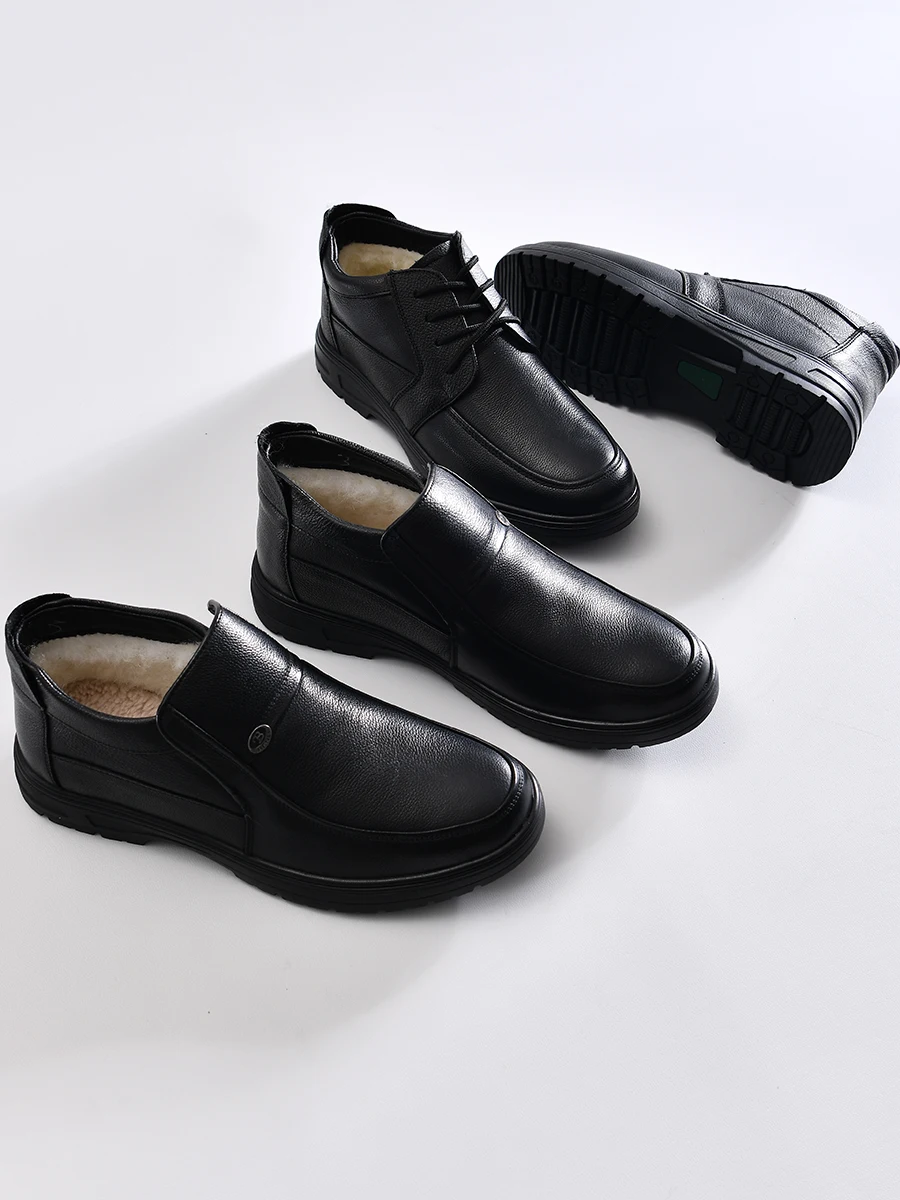Warmth Business Casual Leather Shoes Men's Winter Shoes Inner Long Fur Velvet round Toe Rubber Outsole Youth Fashion Single S...