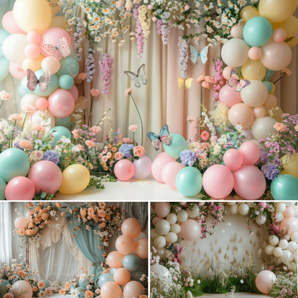 

Spring Flower Butterfly Backdrop Baby Birthday Party Decor Balloon Floral Shower Cake Smash Kids Portrait Photography Background