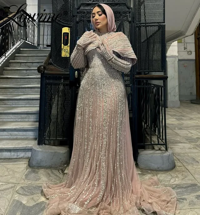 

Sparkly Beaded Sequined Pink Evening Dresses for Women Customized Formal Arabic Dubai Party Dress Long Sleeve Prom Gowns 2025