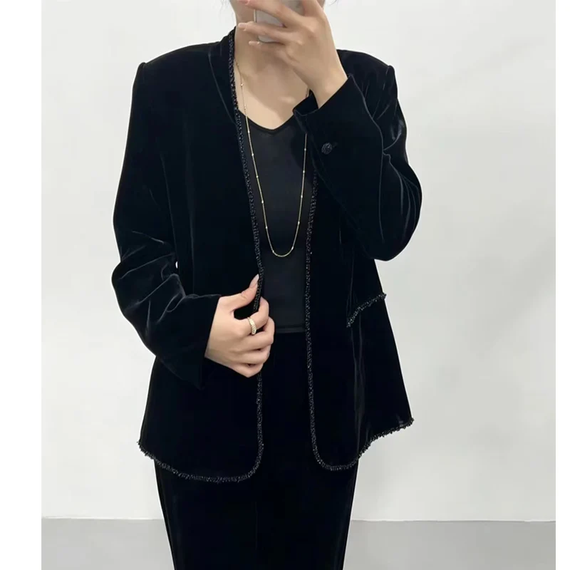 Autumn New V-neck Silk+ Velvet Fabric Handmade Beaded +Jacquard Lining Hidden Button Elegant Women's Suit Coat S-XL