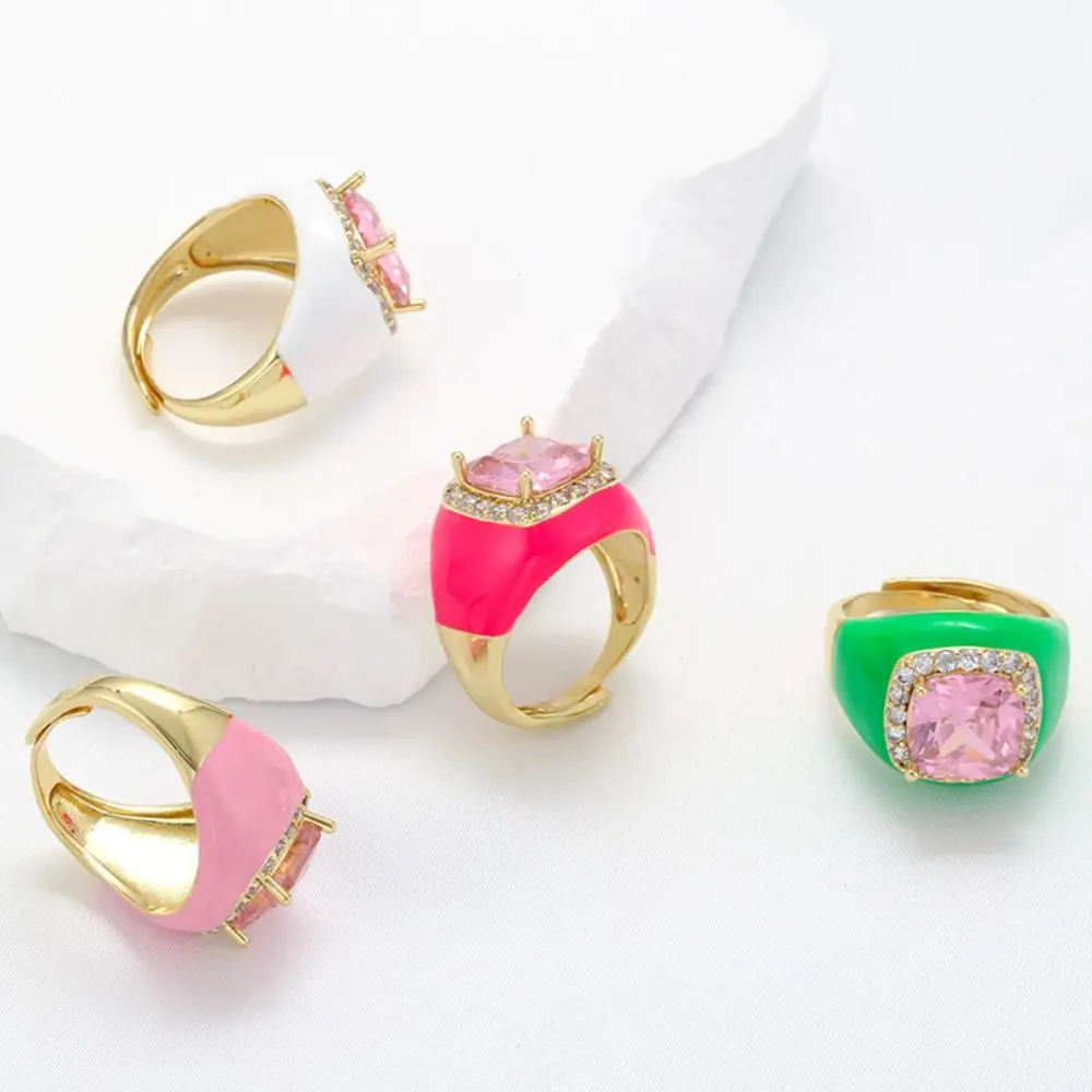 قابل للتعديل المينا نازف النفط الدائري مطلية بالذهب حجر الراين الزركون حلقة مفتوحة متعدد الألوان الملونة هندسية مربع حلقة ملابس الحفلات #4