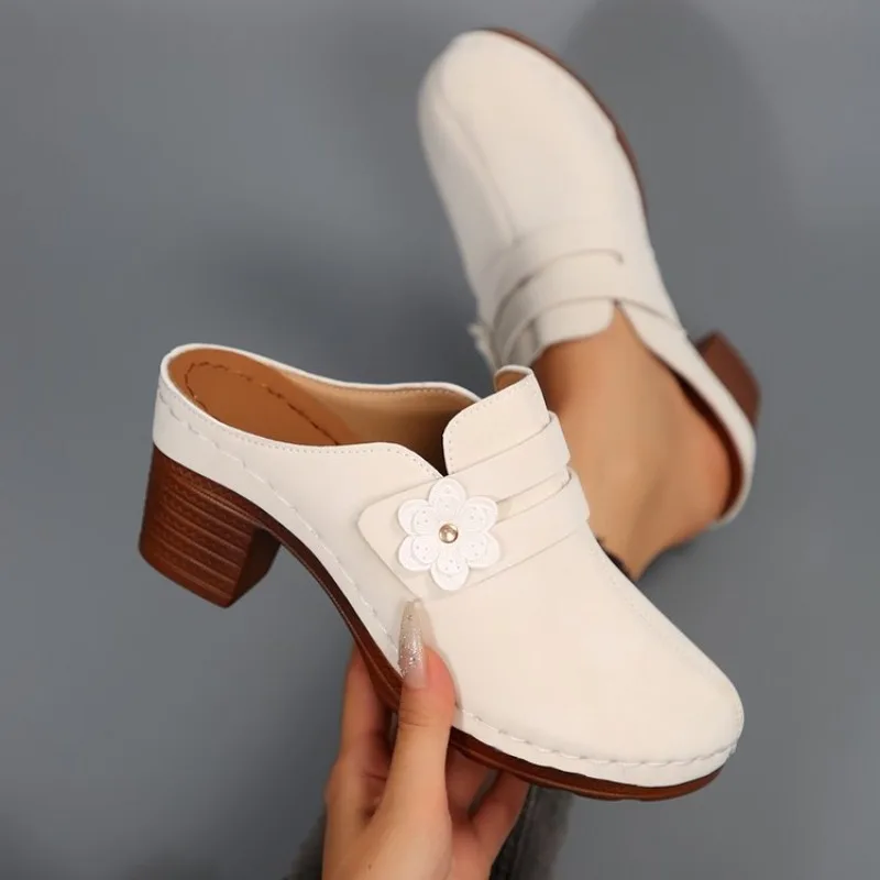 Women's Mules Round Toe Block Heel Suede-Look Shoes Casual Daily Slip-On Clogs Featuring Flower Applique Contrast Stitching 2026