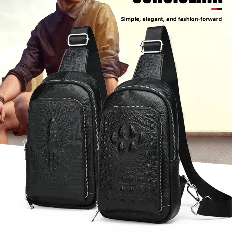 

Genuine Leather Crocodile Pattern Busin Casual Crossbody Bag for Men Travel Chest Bag with Zipper Soft Polyester