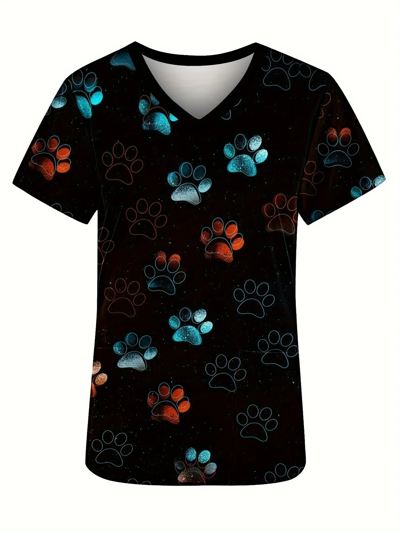 Haut d'uniforme d'infirmière décontracté à manches courtes et col en v pour femmes, chemise de travail à imprimé floral et cochon de dessin animé mignon avec poches pour les travailleurs