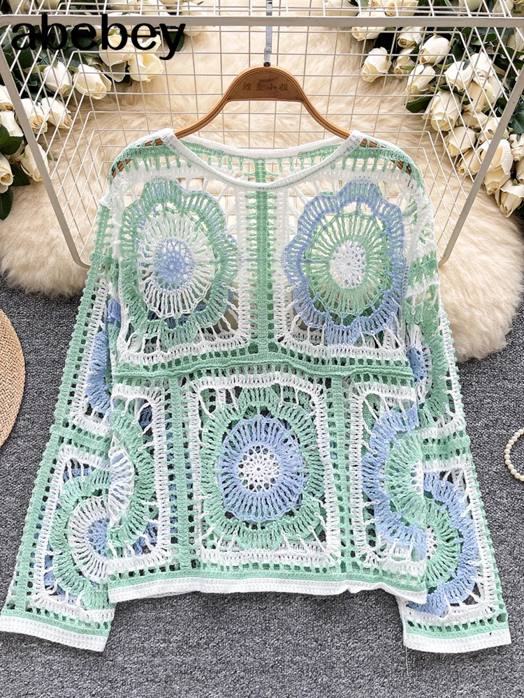 

2026 New Vintage Boho Loose Plaid Knit Top Female Long Sleeves Hook Flower Hollow Tops Vacation Sunscreen Casual Shirt
