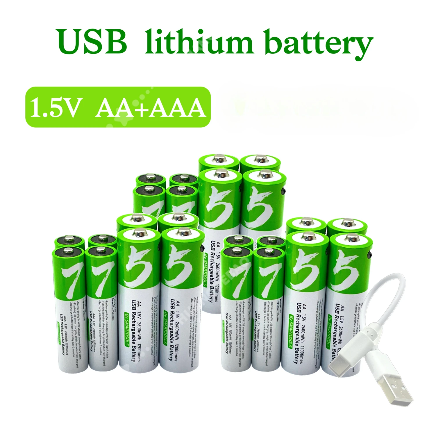 

1.5V Aa/Aaa Lithium Battery Type-C Fast Charging Aa+Aaa High Capacity High Capacity Green and White Environment Friendly Two Colors, Suitable for Remote Control/Toy/Camera/Mouse (2+2 Part)