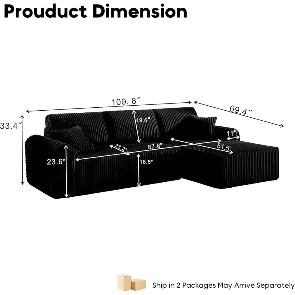 110 Inch L-Shape Sectional Sofa with Chaise, Deep Seated Cloud-Like Comfort, Corduroy Fabric, Living Room Ready, Black, Right-Fa
