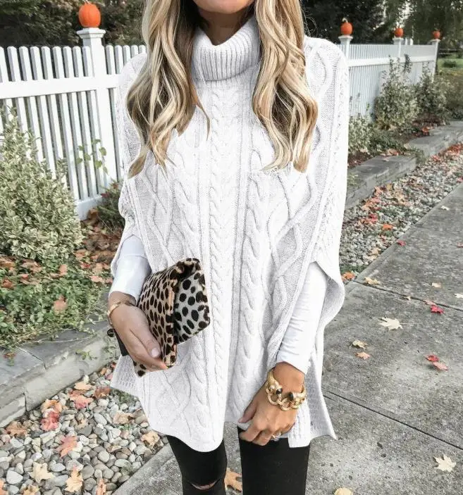 Autunno e inverno maglia da donna collo alto pasta fritta colpi di scena nodo manica a pipistrello maglione diviso maglione semplice allentato da donna