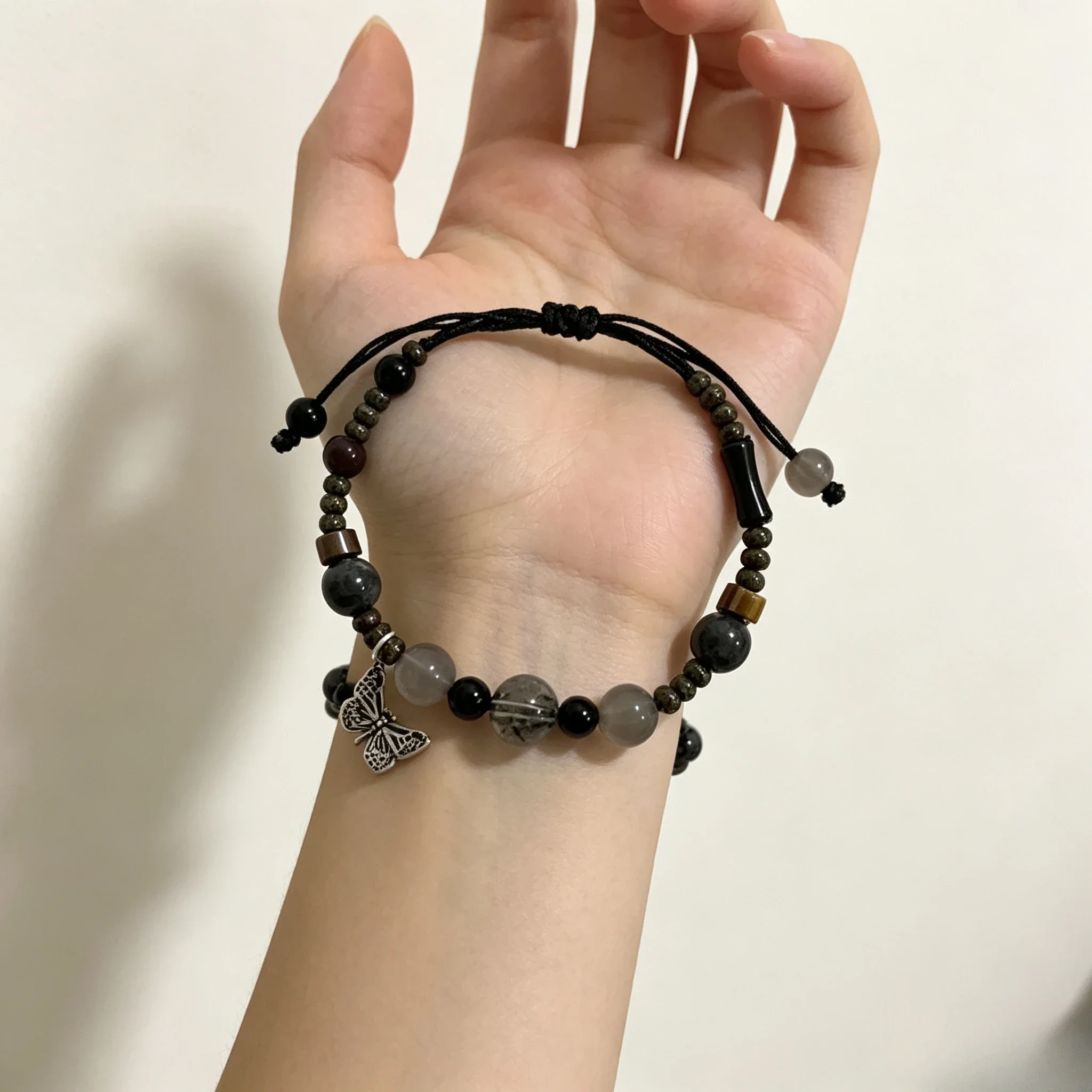 Vintage Black Adjustable Cord Beaded Bracelet Natural Obsidian Smoky Quartz Butterfly Charm Chinese Zen Ethnic Wrist Jewelry