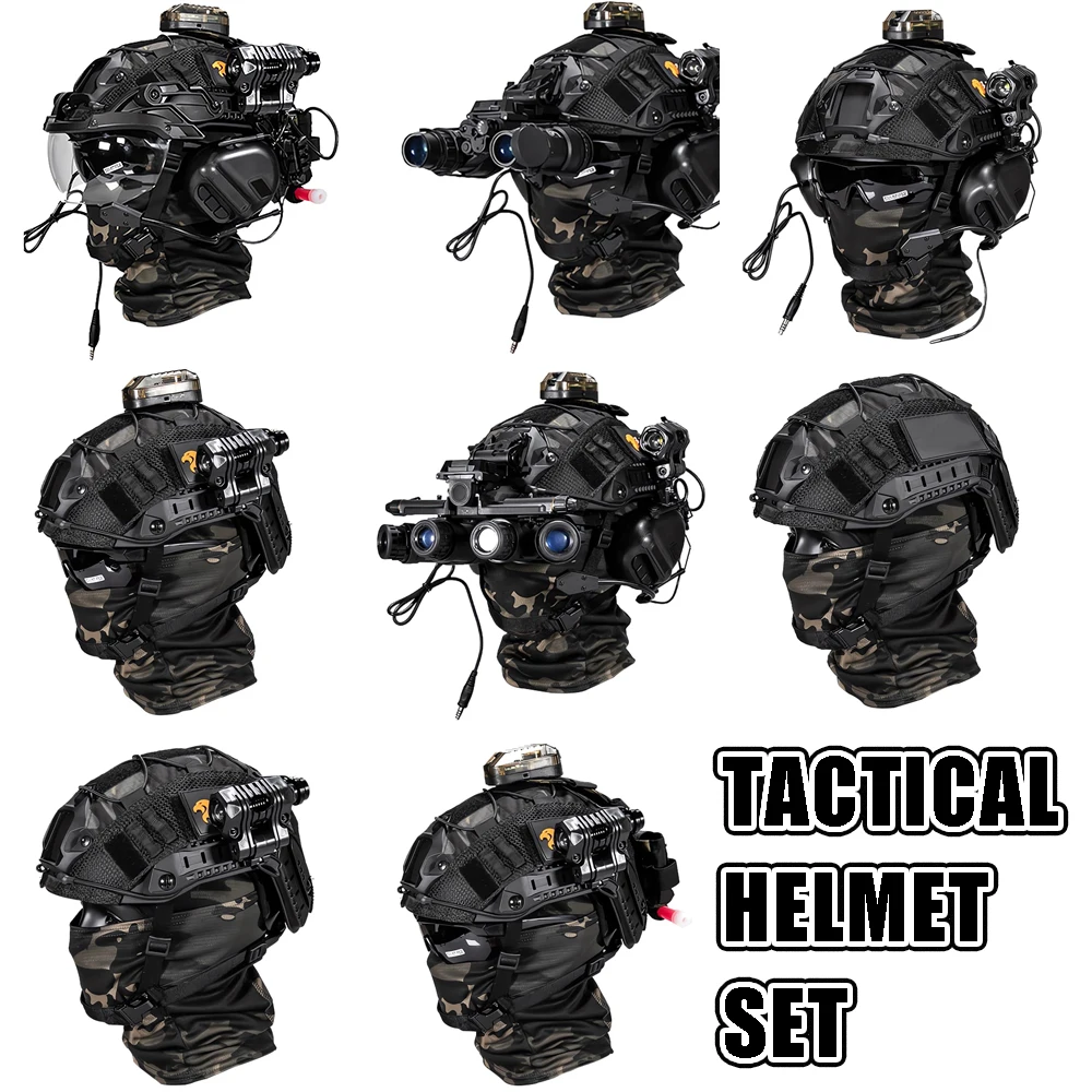 Tactical Airsoft Paintball Fast Helmet with Visor Set, Tactical Multifunctional Protective NVG Brace for Multi-Soldier Wargame