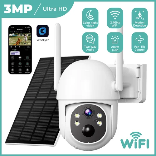 Cámara de seguridad con inclinación panorámica para exteriores, Ultra HD, Solar, WiFi, visión nocturna en Color, Audio bidireccional, detección de movimiento, 3MP