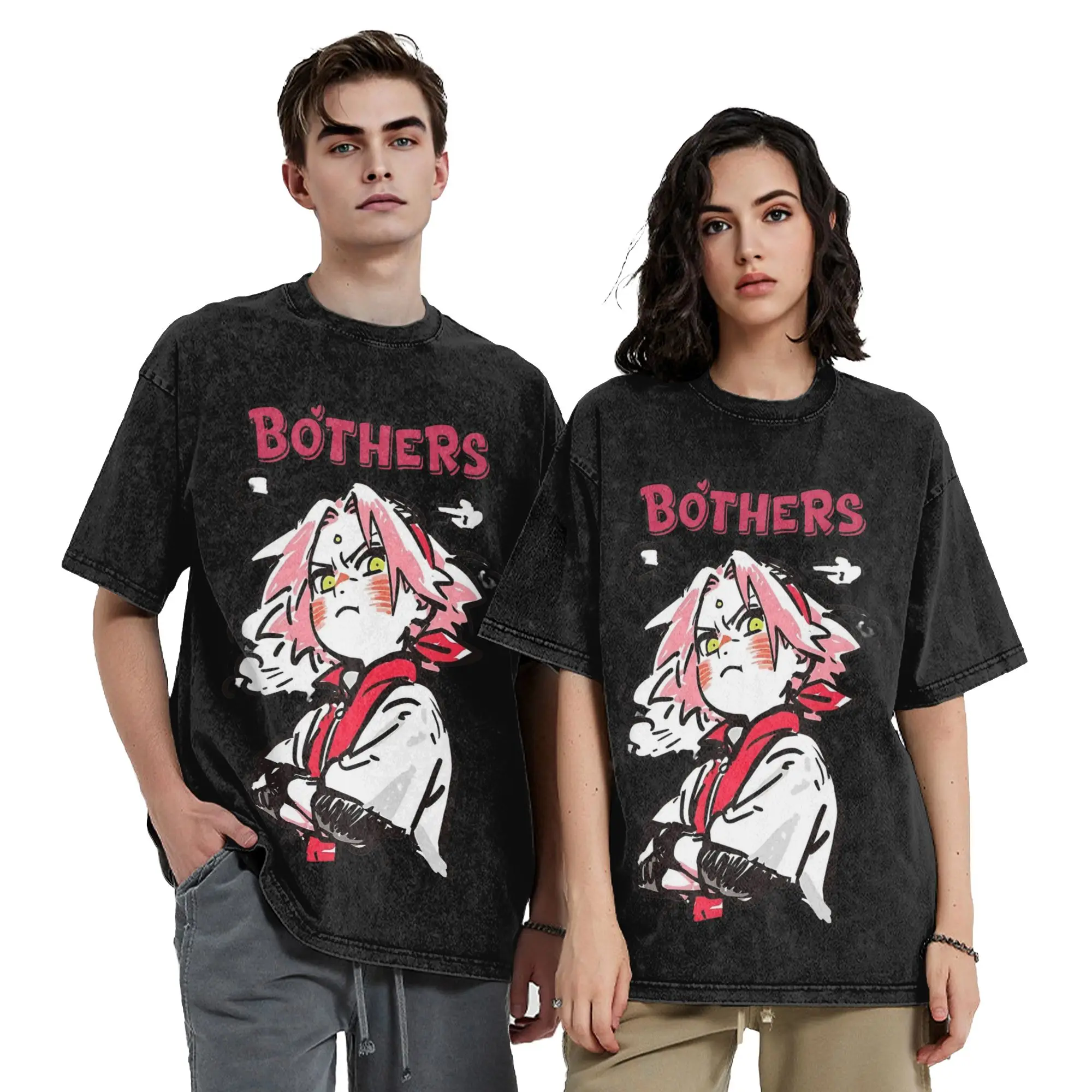 Sakura With all the Fury Narutoes Anime Washed T Shirt Streetwear Hip Hop  T-Shirt Tees Tops for Men Women 100% Cotton Oversize