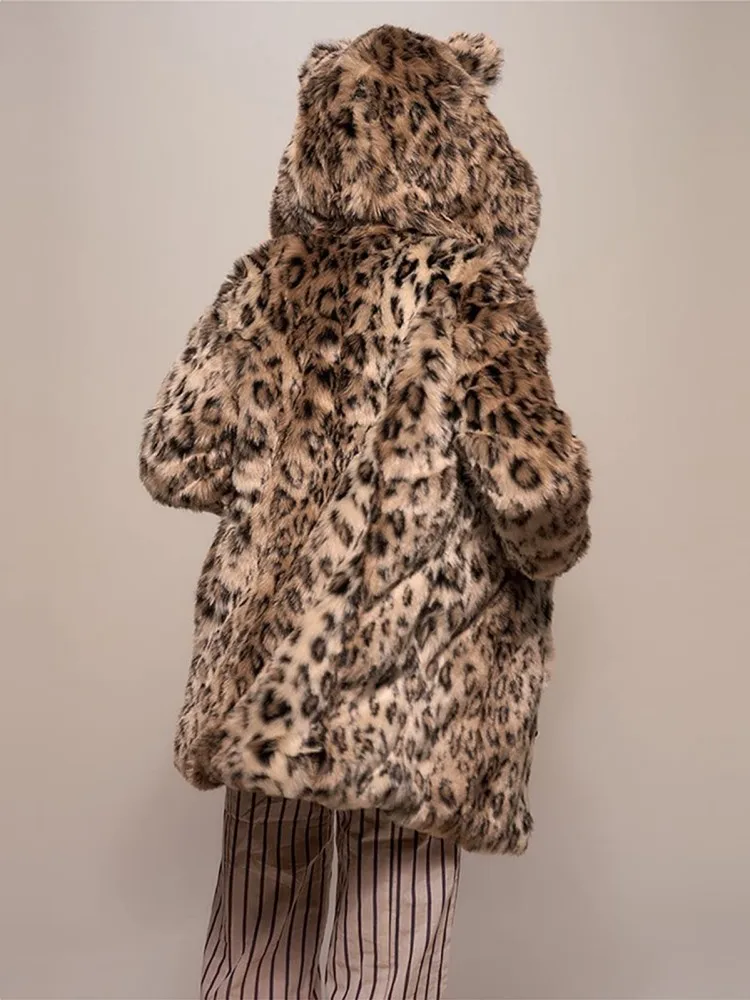 New Leopard Print Hooded Coat Winter Fashion Personality Thick Warm Coat Women's Faux Fur Coat