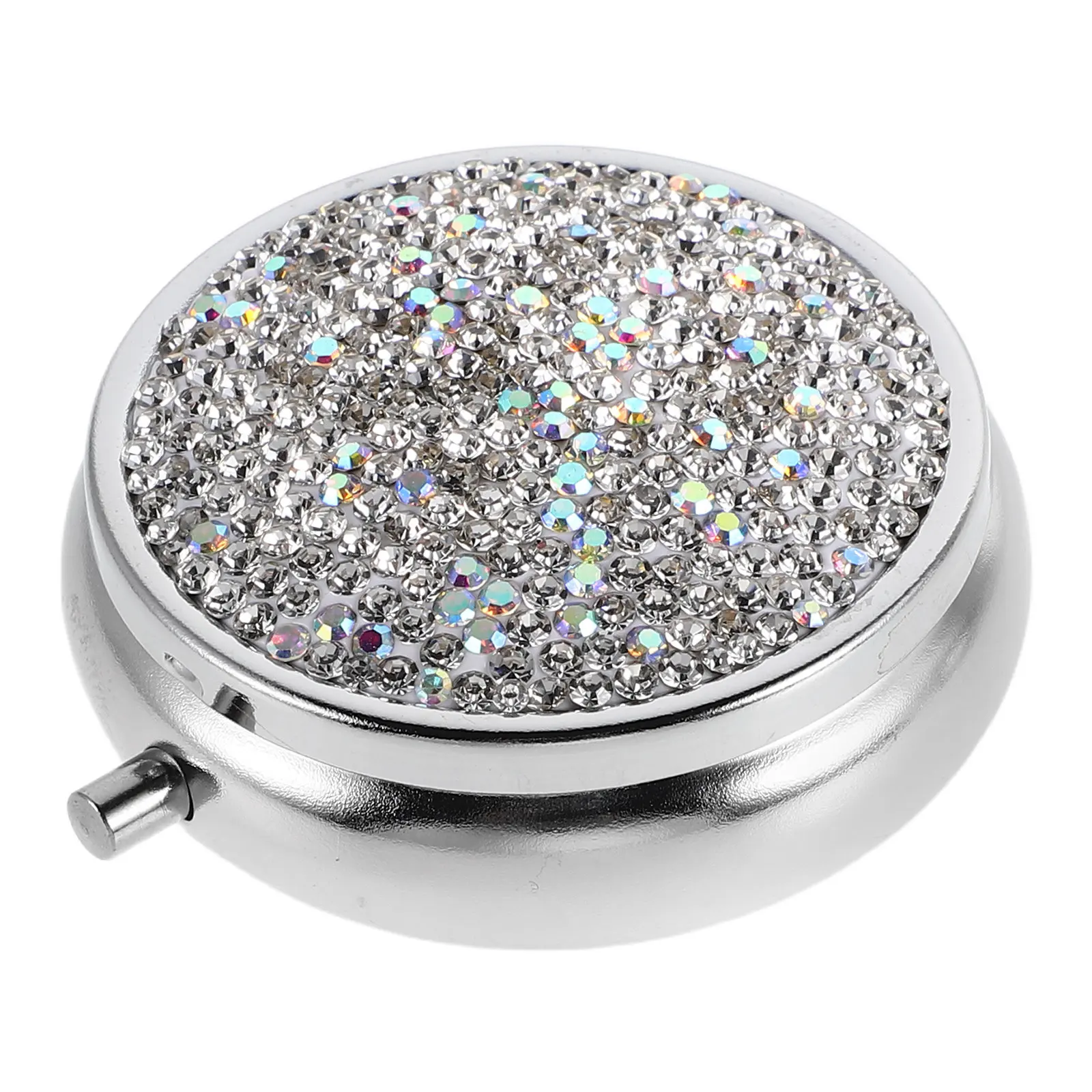 

Portable Mini Pill Organizer Elegant Rhinestone Design Compact Metal Medicine Storage Box for Travel Office Purse Pocket Jewelry