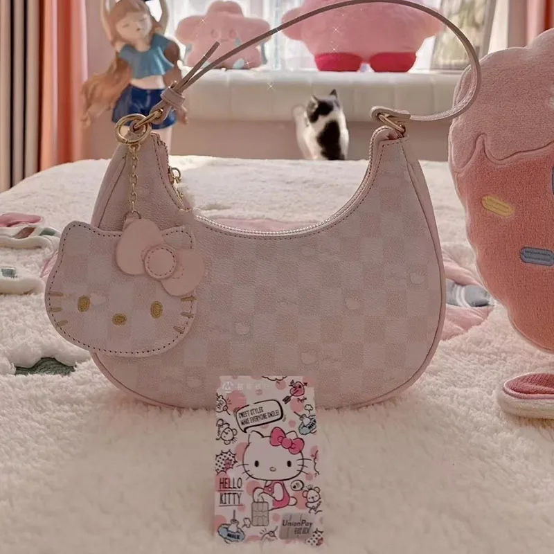 Sanrio Hello Kittys Crescent Bag Cute Cartoon Light Pink Checkered Girl Heart Casual Versatile Underarm Bag Girl  Birthday Gifts