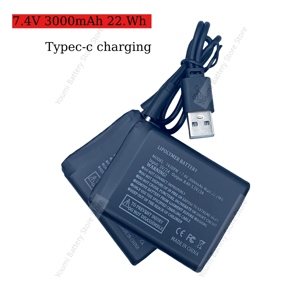 

7.4V 3000mAh USB Rechargeable Li-ion Battery for Heated Clothes 22.2Wh Long-Lasting Power Bank for Vests Jackets Gloves Socks