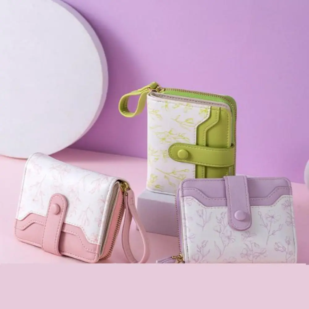 Floral Print Mini Coin Purse Bag Zipper Pouch Multi Function PU Leather Short Wallet Korean Ins Fashion ID Credit Card