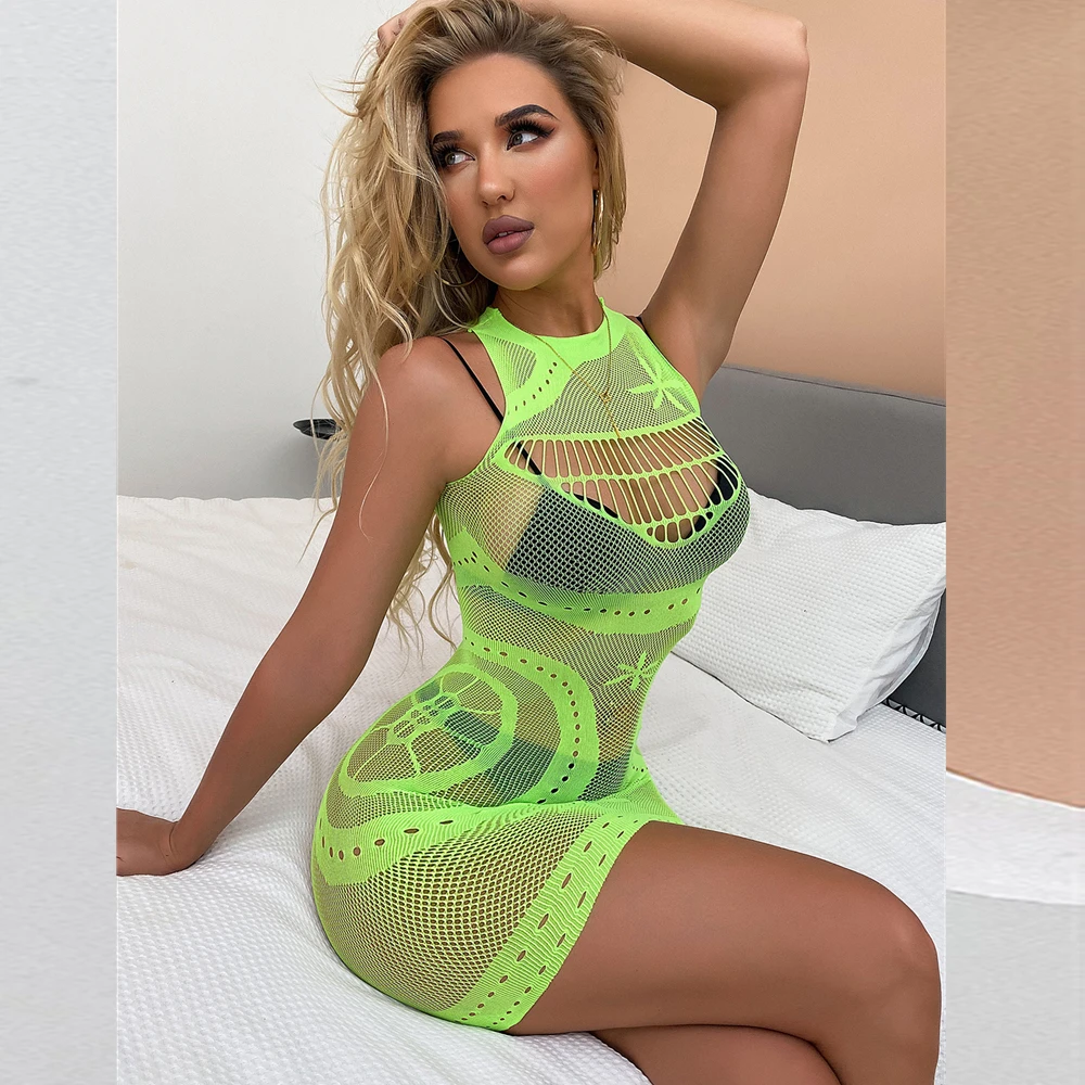 New Women's Fishing Net Tight Lingerie Costumes Sexy Mesh Transparent Bodycon Dress Ladies Mini Elasticity Dresses Jumpsuits