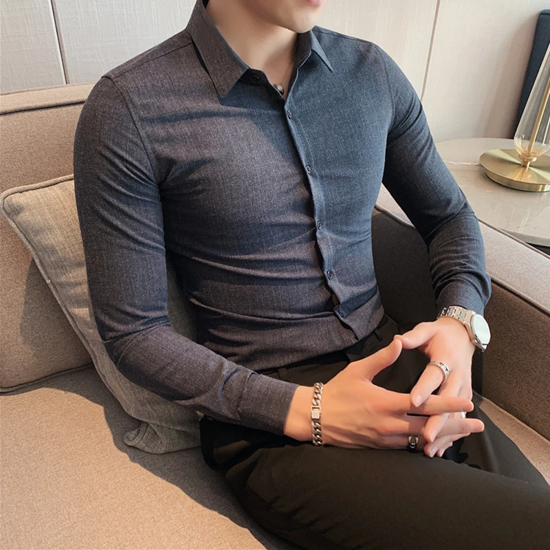 British Style Luxury Solid Dress Slim Fit Shirts Men Long Sleeve Business Simple Casual Shirt Formal Social Club Party Shirt