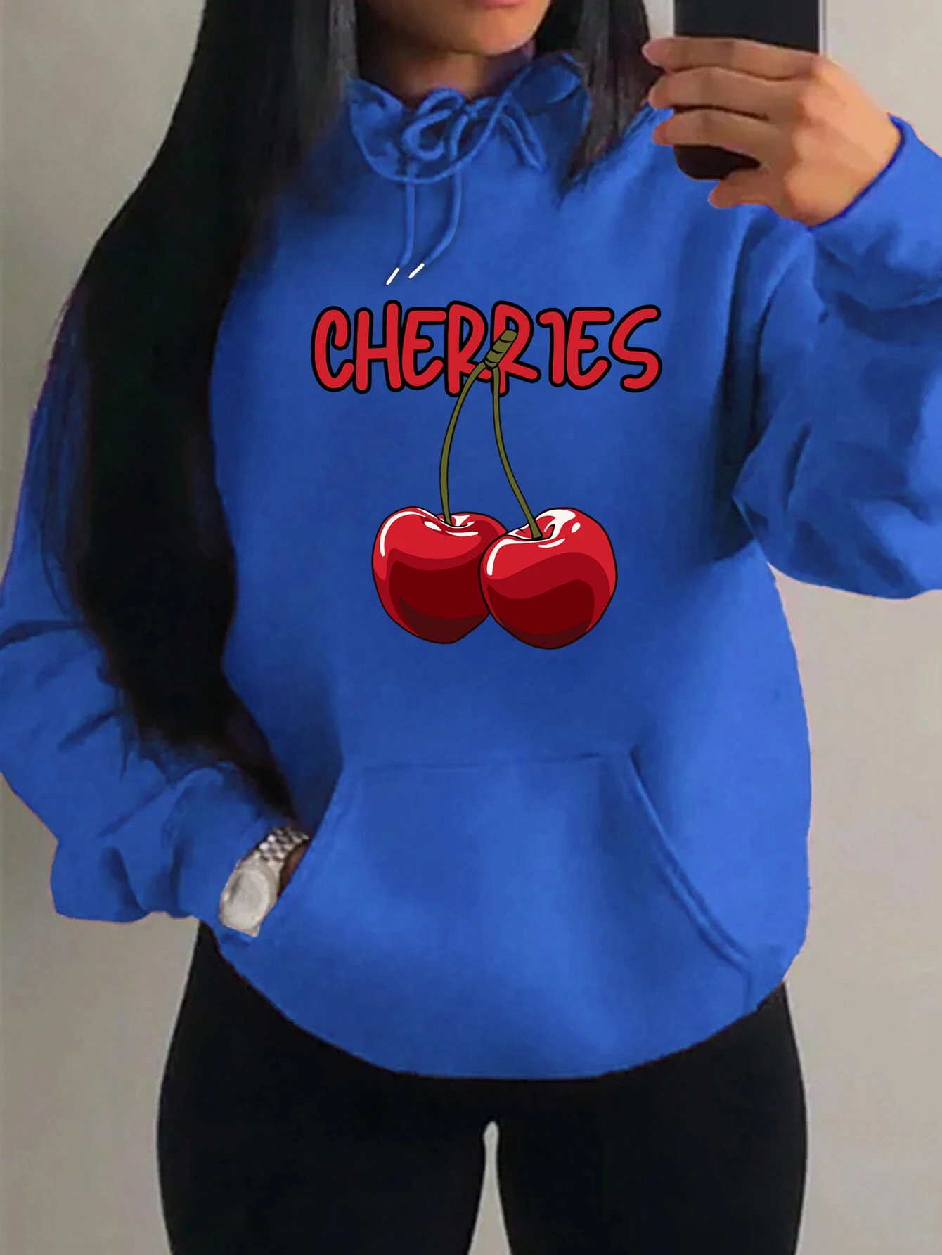 Cherries Cartoons Printed Female Hoodie Street Style Casual Y2K Womenswear Fashion Fleece Hoody Casual Multicolor Pullover