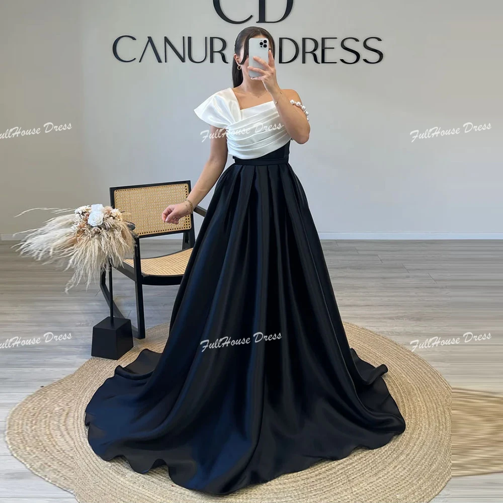 

Custom Made Elegant One Shoulder Pleated A-line Floor Length Pearls Evening Dress Backless Party Dress with Court for Women