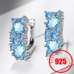 New Arrival Princess S925 Silver Earring Girl Party Accessories Luxury Crystal Blue Hoop Earrings For Women Jewelry Bright Gift