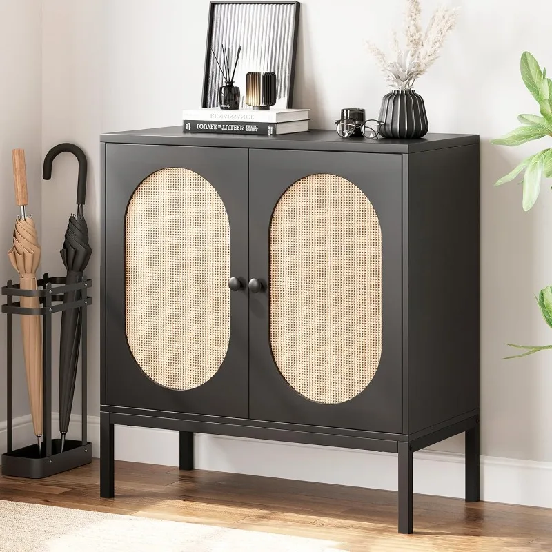 Rattan Buffet Cabinet, Storage Cabinet with Doors and Shelves, Accent Cabinet Sideboard, Black Console Cabinet with Storage