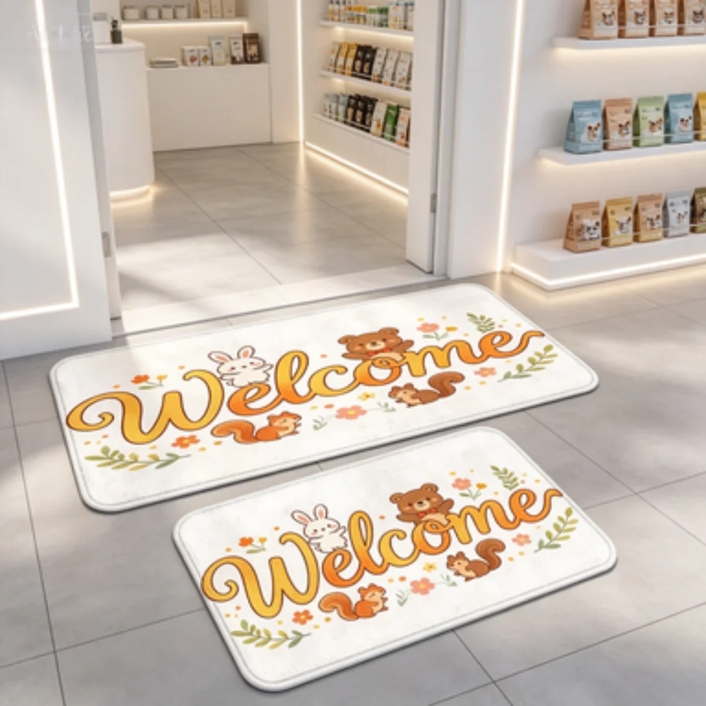 Vintage Script Welcome Bear Mat, Cozy Home Entrance Mat, Cute Animal Welcome Mat, Green Cat Welcome Mat, Retro Black Cat Mat.