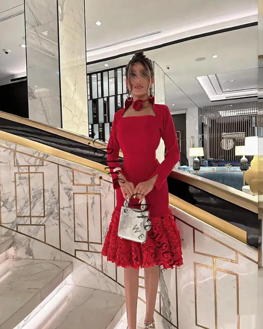 customized Red Mermaid Prom Dress for Women Collar Short Vestidos de Fiesta Ruffles Long Sleeve Cocktail Robes Customized Formal