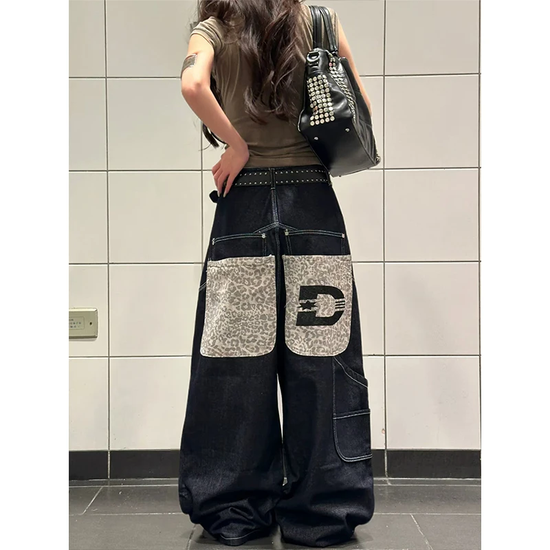 Retro American Street Leopard Print Double Waist Wide Leg Jeans Loose Straight Cut Trousers for Women 2026 Autumn Winter