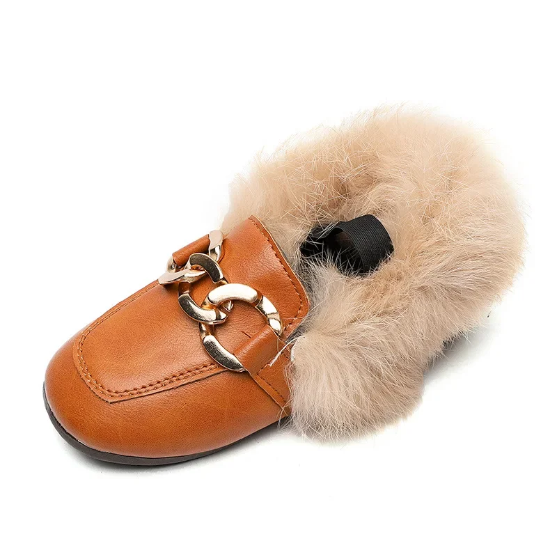 

Children's Winter Cotton Shoes Warm Plush Fluffy Fur Girls Flats Kids Loafers With Metal Chains Fashion Toddler Shoes