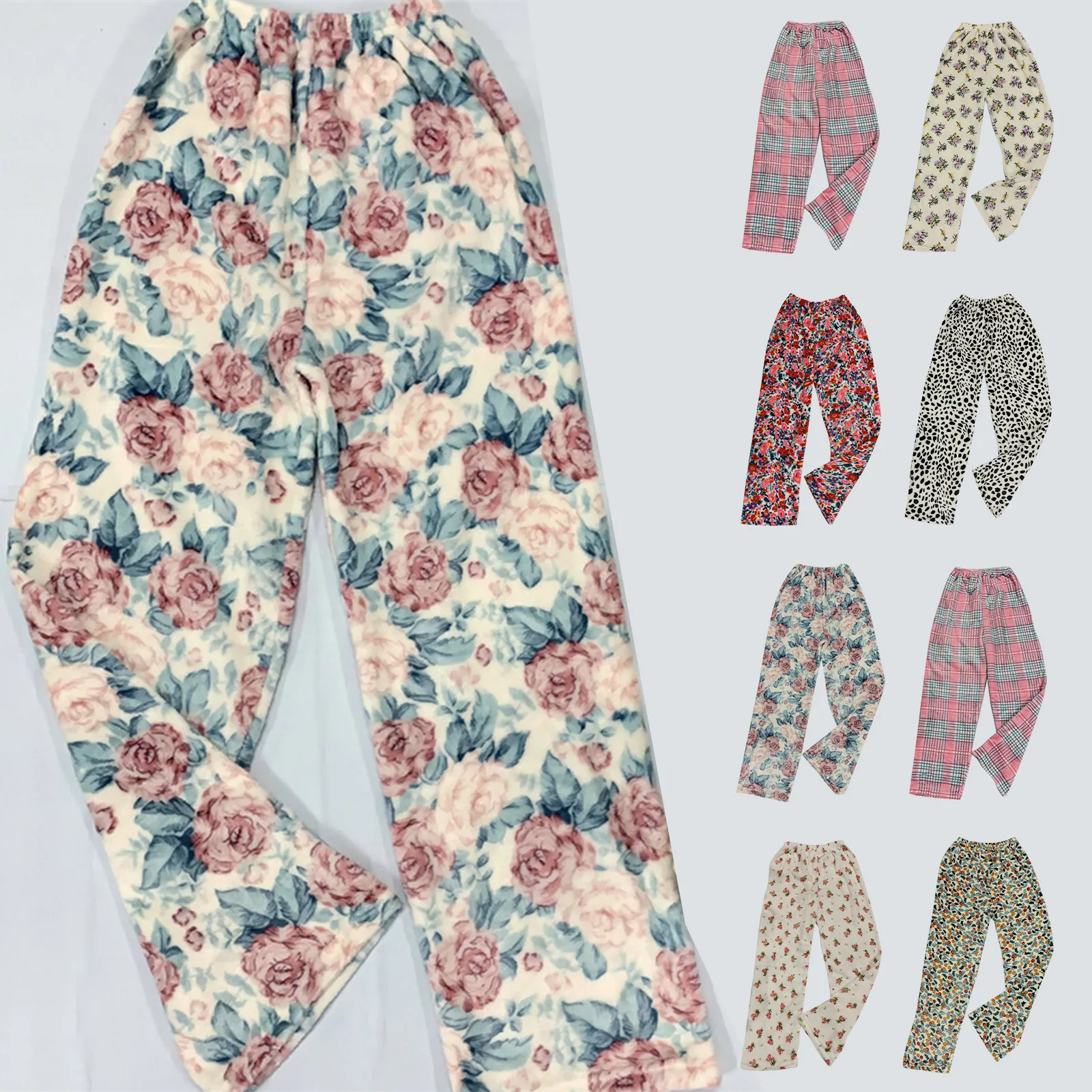 Pajama Pants For Women Autumn Winter Soft Comfortable Flannel Sleep Bottoms Flower Printed Plaid Casual Home Pajama Pants