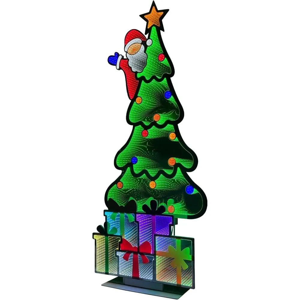شجرة عيد الميلاد بطول 6 أقدام مع سانتا وصندوق هدايا، مرآة إنفينيتي، ضوء نفق ثلاثي الأبعاد لا نهاية له للمنزل والحفلات الداخلية والخارجية