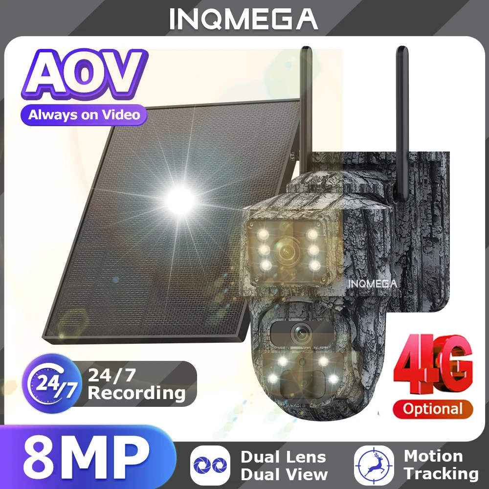 INQMEGA 8MP 4G Solar Security Camera Wireless Outdoor Dual Screen Camouflage Camera 7/24 Always On Video Recording PIR Detection