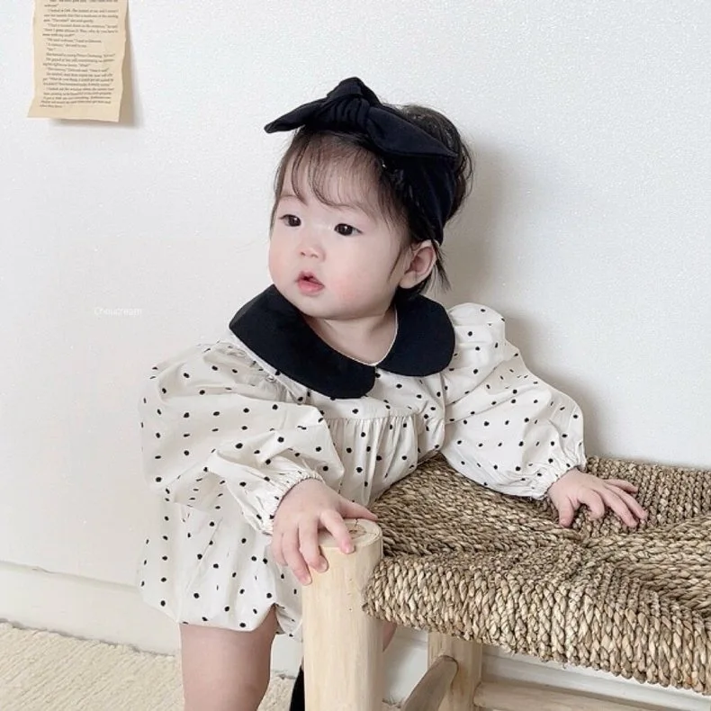 2024 Spring New Baby Girl Long Sleeve Pokal Dot Bodysuit Infant Peter Pan Collar Princess Jumpsuit Newborn Toddler Clothes 0-24M