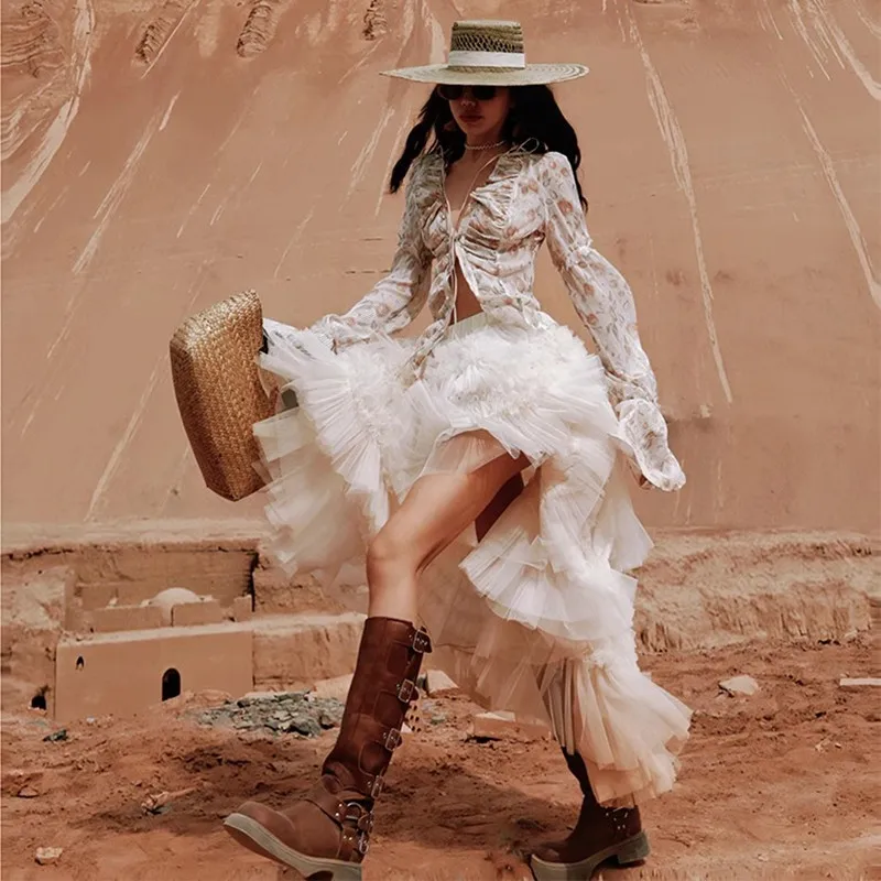 62-84cm 허리 여름 스커트 여성 로맨틱 럭셔리 연꽃 잎 가장자리 메쉬 버블 스커트 짧은 전면 긴 후면 불규칙한 케이크 스커트