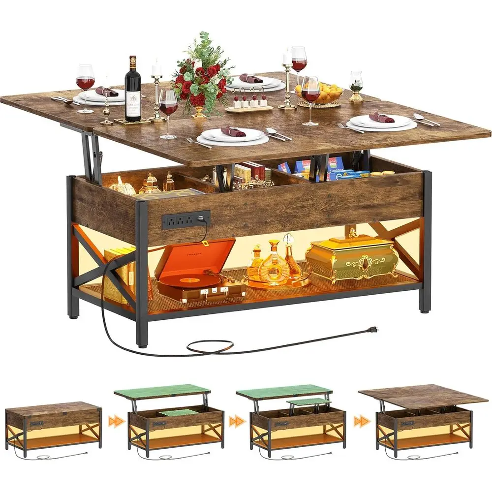 

LED-lit and Power Outlet Coffee Table Converts to Dining, Multi-functional Table with Shelves for Living Room or Home Office, Ru