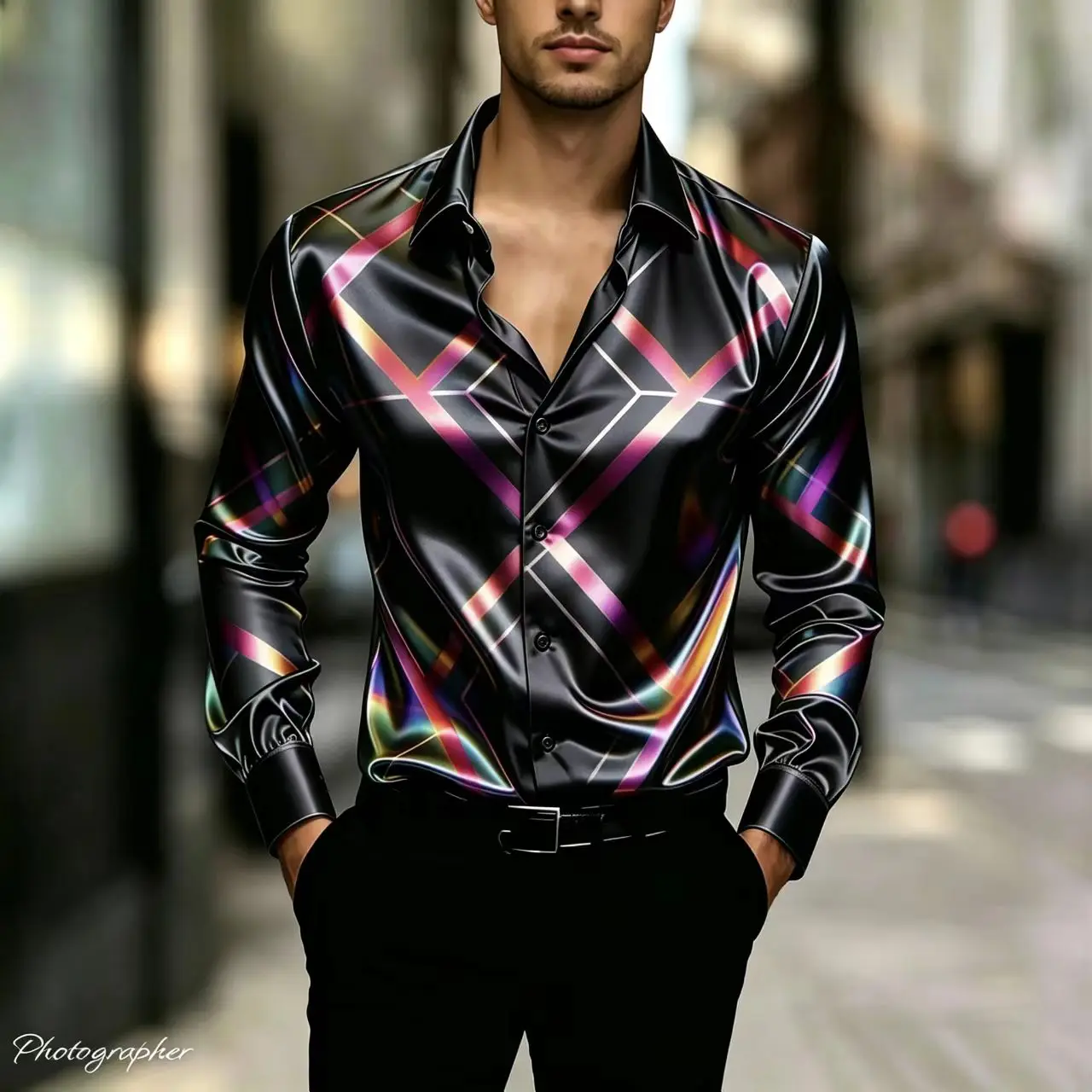 Men's Satin Long-Sleeved Shirt Luxurious Irregular Striped Printed Nightclub Party Dress Shirt Casual Fashion Button Top