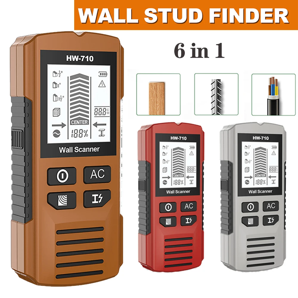 Multifunctional Wall Scanner Detector 6 in 1 LCD Digital Find Stud Wood Metal AC Wire Live Cable Detector Stud Finder Sensor