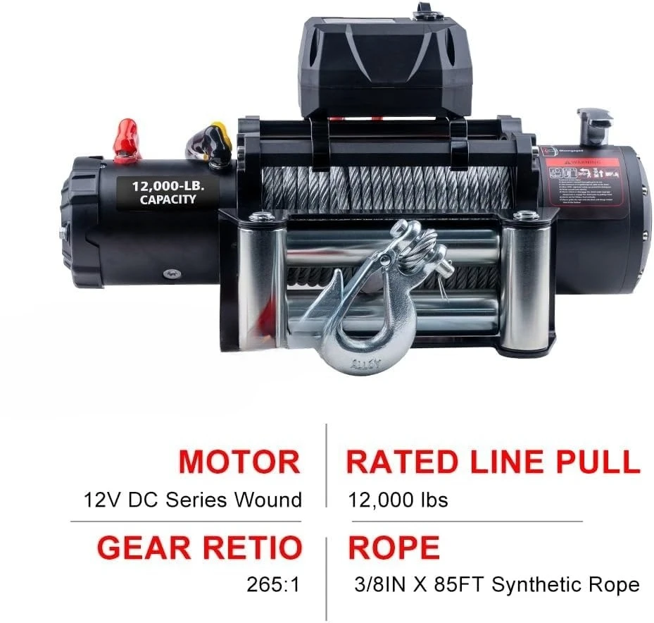 12000 رطل 12 فولت شاحنة كهربائية مقاومة للماء حبل فولاذي أسود ونش كهربائي مع أسطوانة Fairlead، مقبض سلكي، 2 جهاز تحكم عن بعد بالأشعة تحت الحمراء