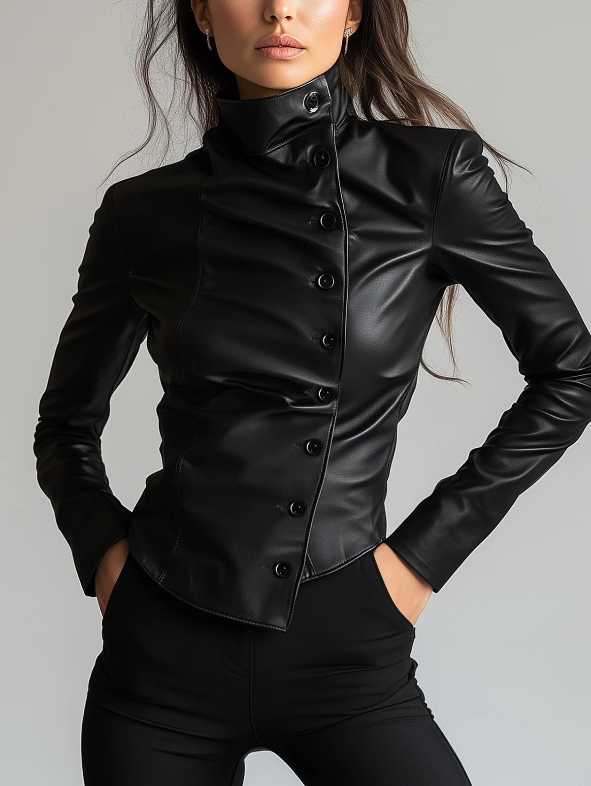 Women's Elegant PU Leather Shirt Oblique Button High Collar Long Sleeve Fashionable Leather Street Fashion Women's Clothing