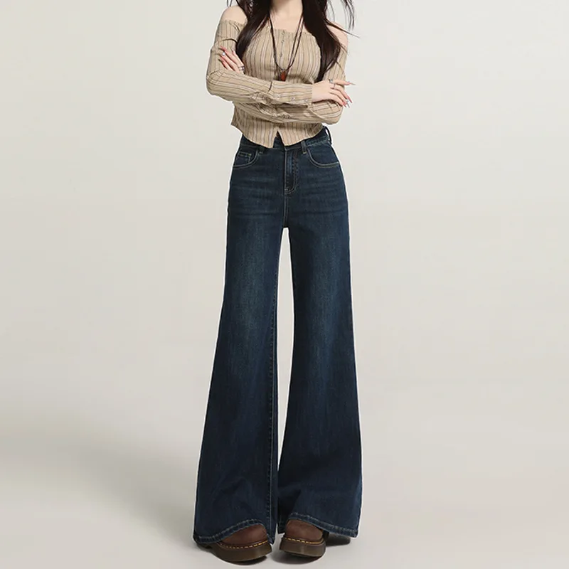 American Style Dark Blue High Waisted and Velvet Slimming Bell Bottom Pants for Women's Autumn New Fashion, Non Stick Leg Slight view 2