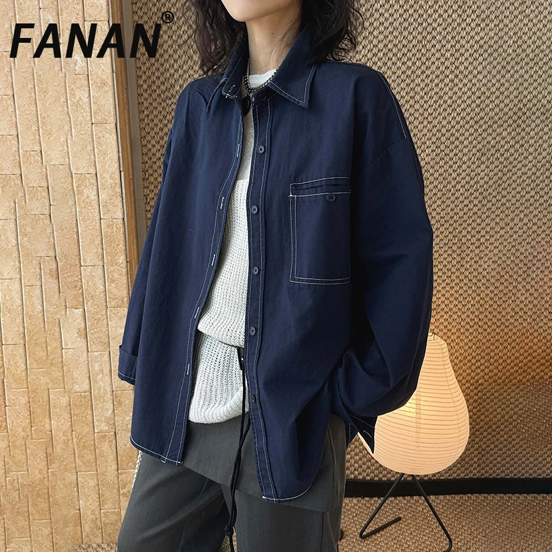 

Винтажные джинсовые рубашки FANAN для женщин: модные свободные блузки с отложным воротником и одной пуговицей для офиса, весна 2026, новинка