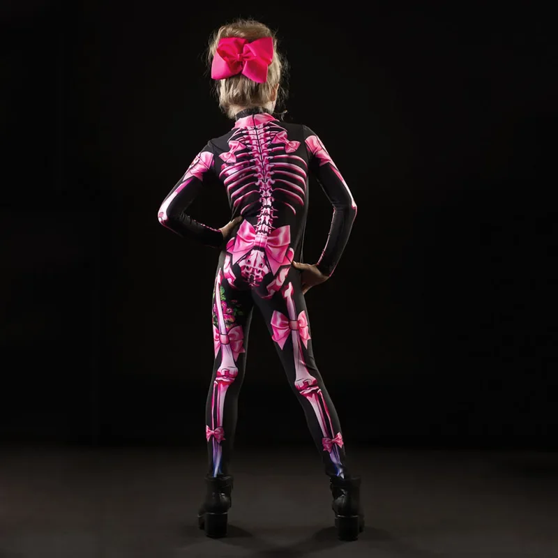 Adult Kids Halloween Skeleton Cosplay Jumpsuit Pink Rose Woman Sexy Skull Scary Costume Girls 3D Print Bodysuit Mother Daughter