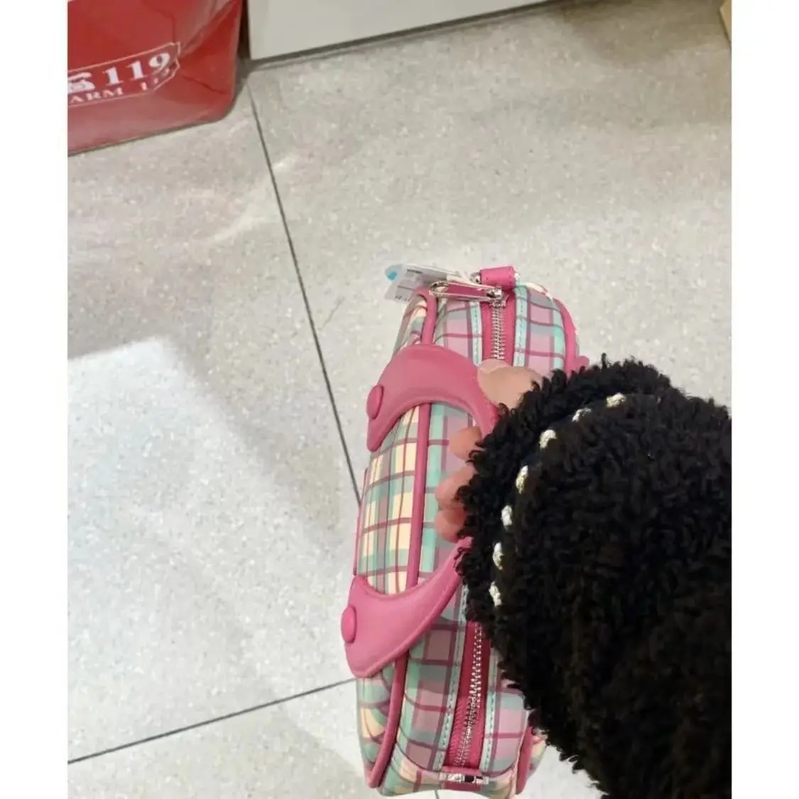 Pink Plaid Series Bowling Handbag Women\'s Spring New Fashion All-match Shoulder Bag Diagonal Bag Pink Bag Aesthetic Bags