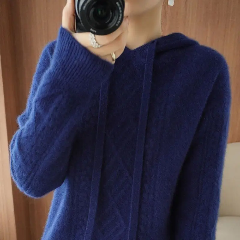 

2024 New Autumn/Winter Hooded Women's Sweater Top Korean Loose Pullover Knitwear Solid Color Casual Coat X175