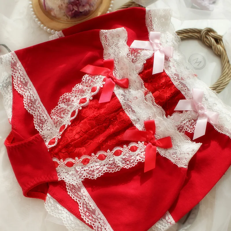 Big Lingerie Mid Waist Red Underwear Women Sexy Lace Briefs High Quality Lovely Bowknot Large Sizes Panties 5XL 6XL